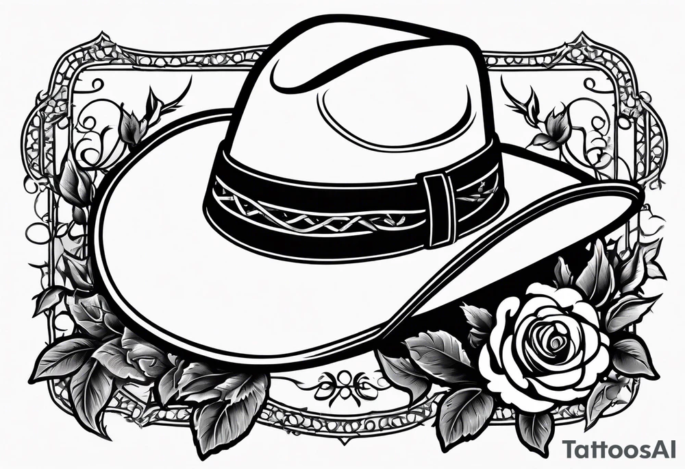 Country acoustic guitar with cowboy hat, barbed wire and roses in background, sleeve tattoo tattoo idea
