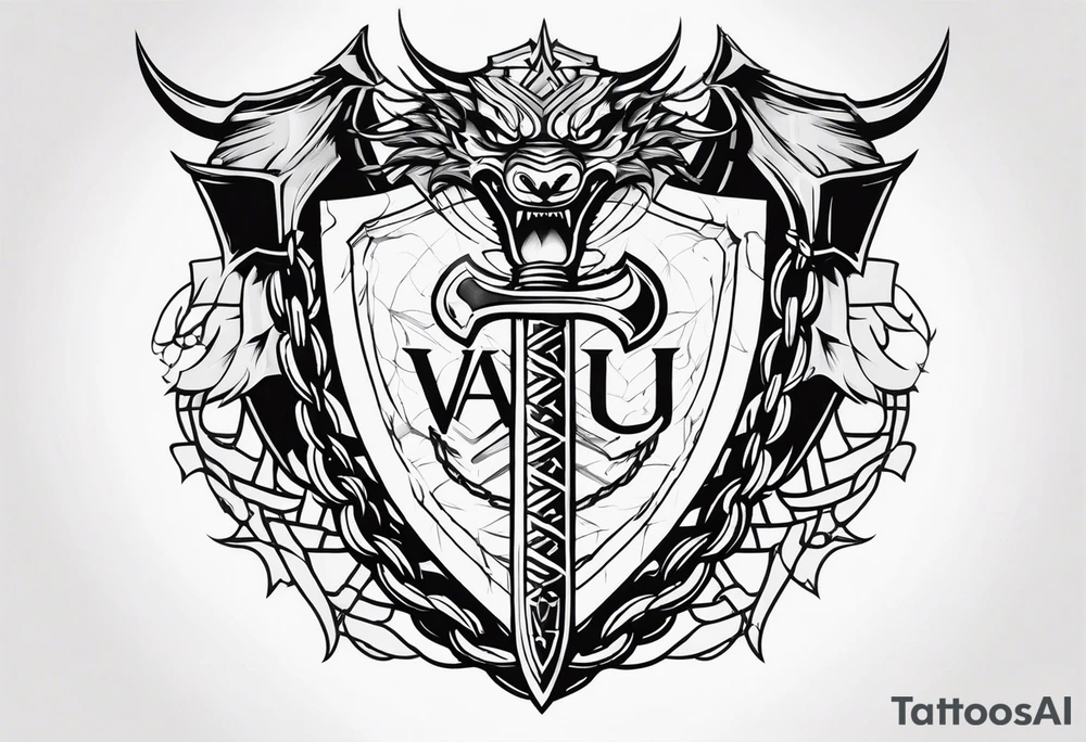 Valhalla sword shield dragon axe Valknut barbed wire chains tattoo idea Valhalla sword shield dragon axe Valknut barbed wire chains tattoo idea