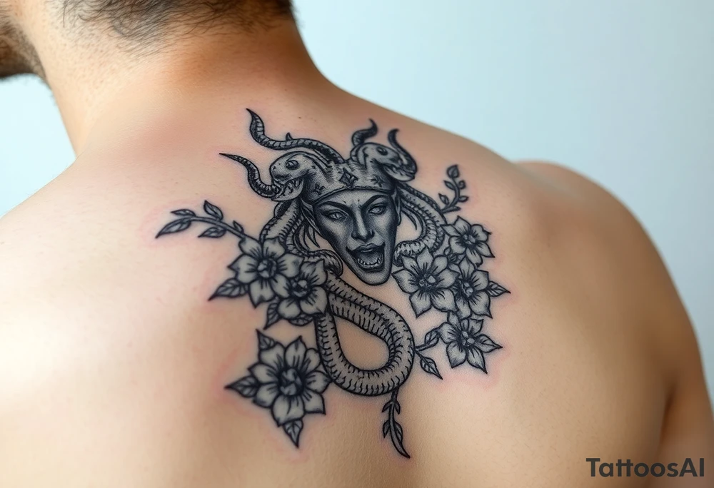 Medusa with snakes and flowers tattoo idea