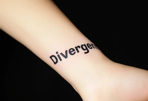 The word "Divergent" written in futuristic metallic font, with a glitch effect to symbolize breaking systems tattoo idea