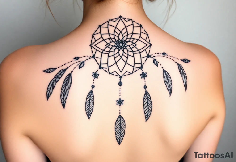 native dreamcatcher with flowing lines made of a discreet connection of morse code ".--- .- --.     .-.. ... -.- .- .-.   -.. .. --.     .-.. .. .-.. .-.. . -... .-. --- .-. connected to flowing feathers tattoo idea