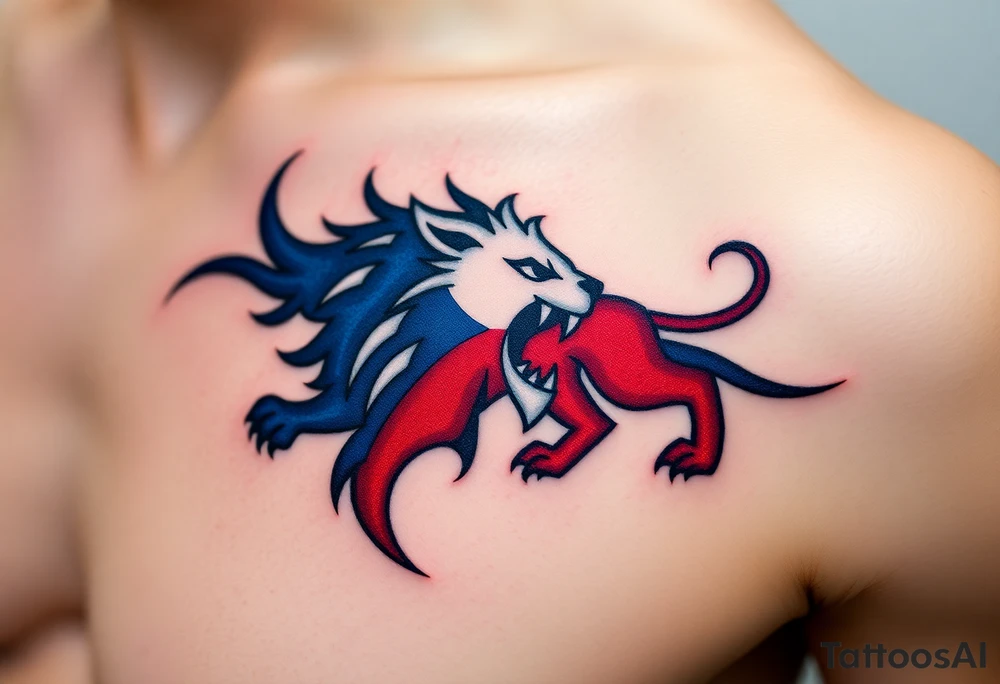 A Czech flag (blue. white and red) morphing into a roaring lion, symbolizing national pride and strength, with deep red, white, and royal blue tones. tattoo idea