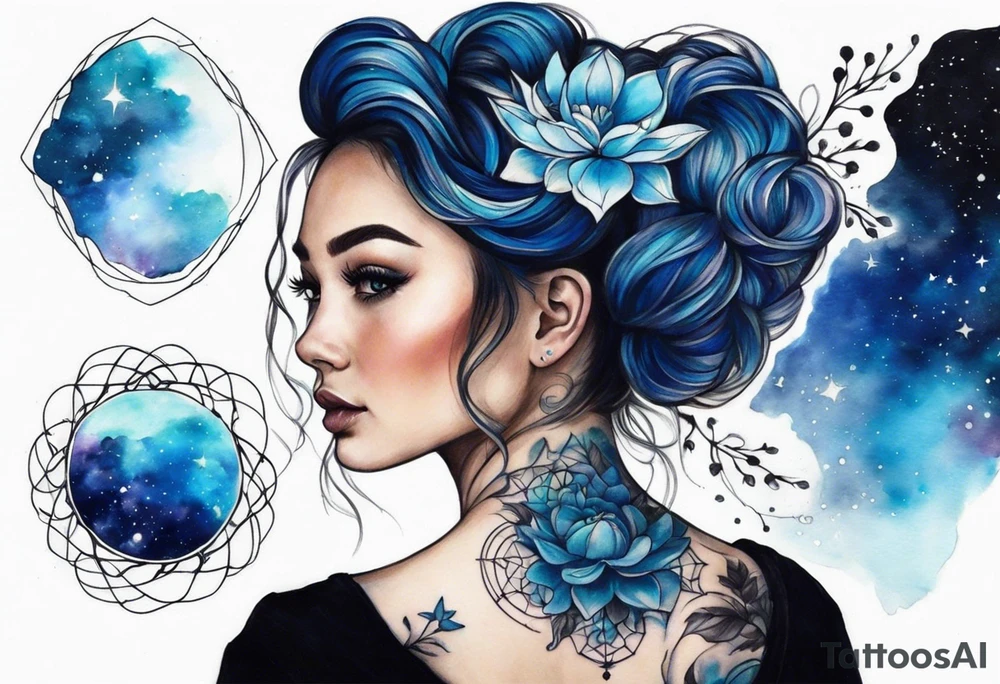 I want the outside black like the space and the galaxy blue different shades  Galaxy spyral tattoo the ones that look like an s shape because they are spinning so fast I want it in all blue but different shades of blue and it will be on my ass cheek so make it cute and conples and very aesthetic NOT a flower or women tattoo idea