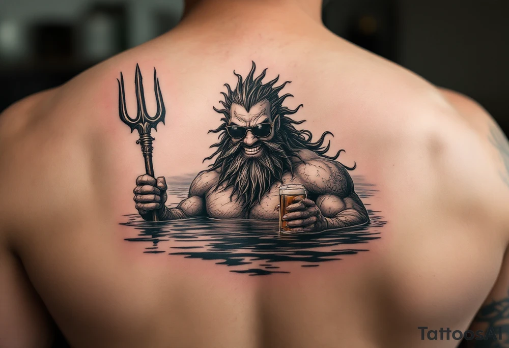 smiling poseidon in calm water, holding a trident, holding a beer, with sunglasses tattoo idea