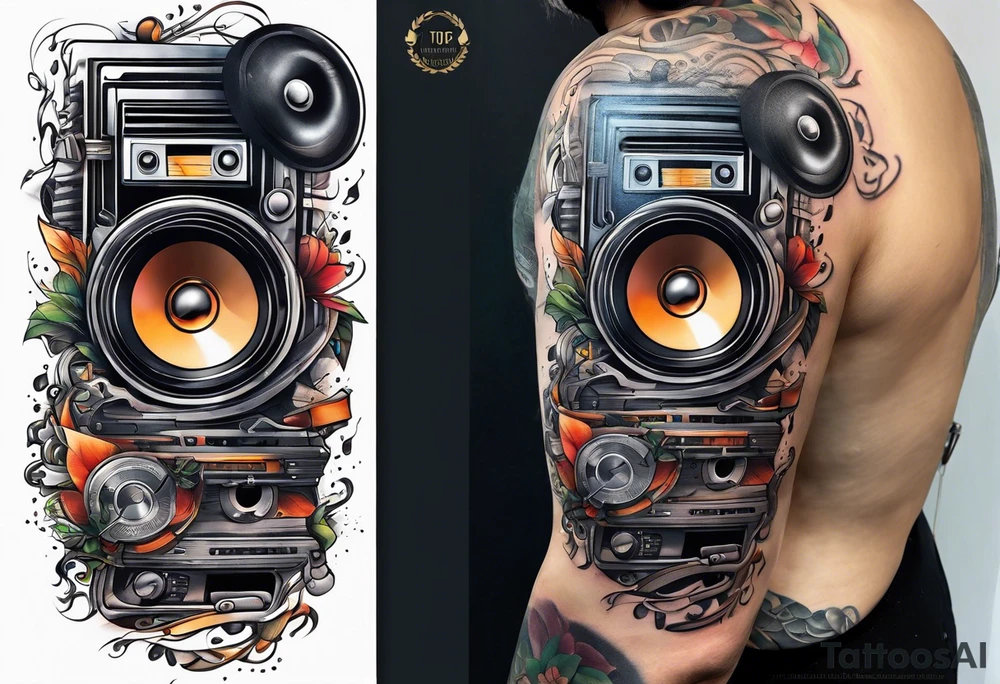 sleeve

music notes, a cassette tape record tattoo idea