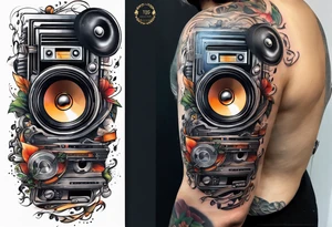 sleeve

music notes, a cassette tape record tattoo idea