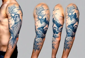 Koi fish and elephants with a wave design and underwater mountains  to go on the arm with alot of shading and intricate details tattoo idea