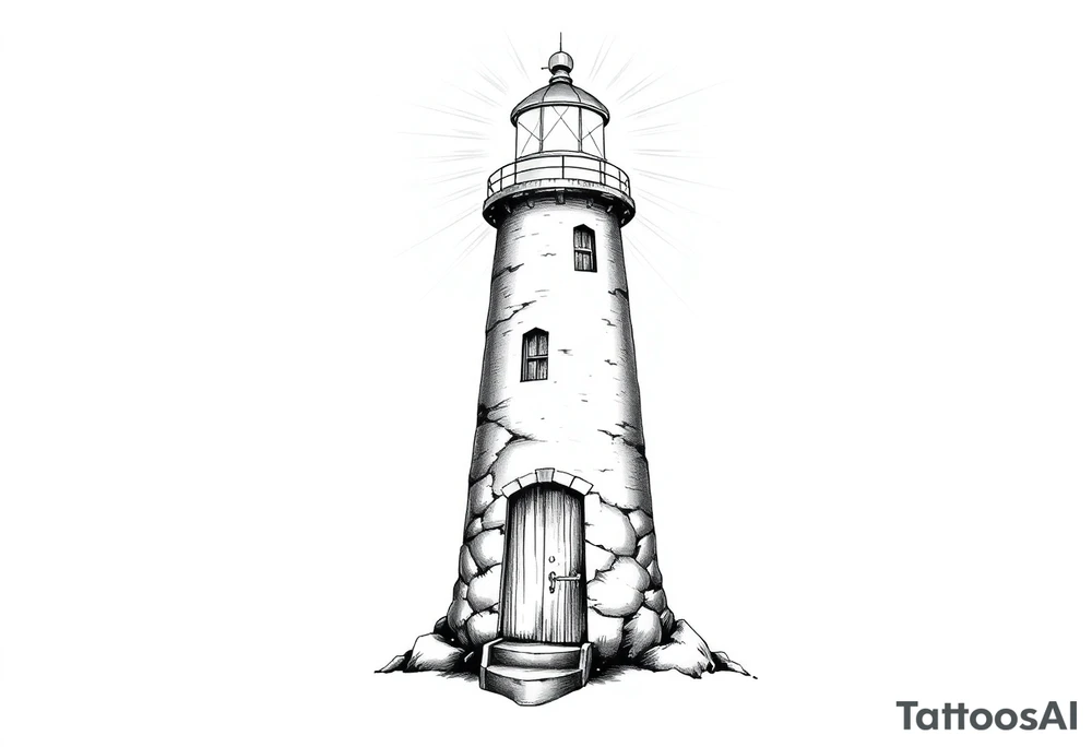 Lighthouse with rays of light with a few windows and an old door tattoo idea