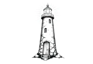 Lighthouse with rays of light with a few windows and an old door tattoo idea