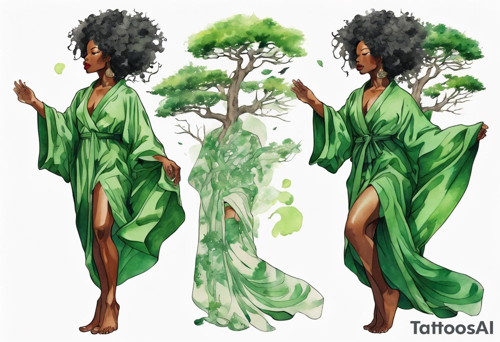 a beautiful black woman wearing a green robe with legs that turn into tree roots, arms reaching up towards the sun tattoo idea