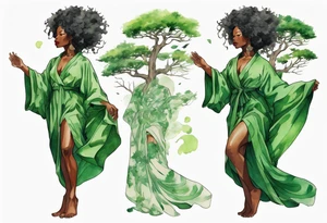 a beautiful black woman wearing a green robe with legs that turn into tree roots, arms reaching up towards the sun tattoo idea