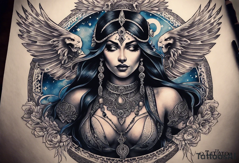 black kali, goddess pirate, alien, angel, pachamama, valkrye, warrior, flying, skull, lotus azul, wing, eagle, zenza resonance, stars, 5D, anahata chakra, death, durga, riding on a tiger, flying lady, chest tatoo tattoo idea