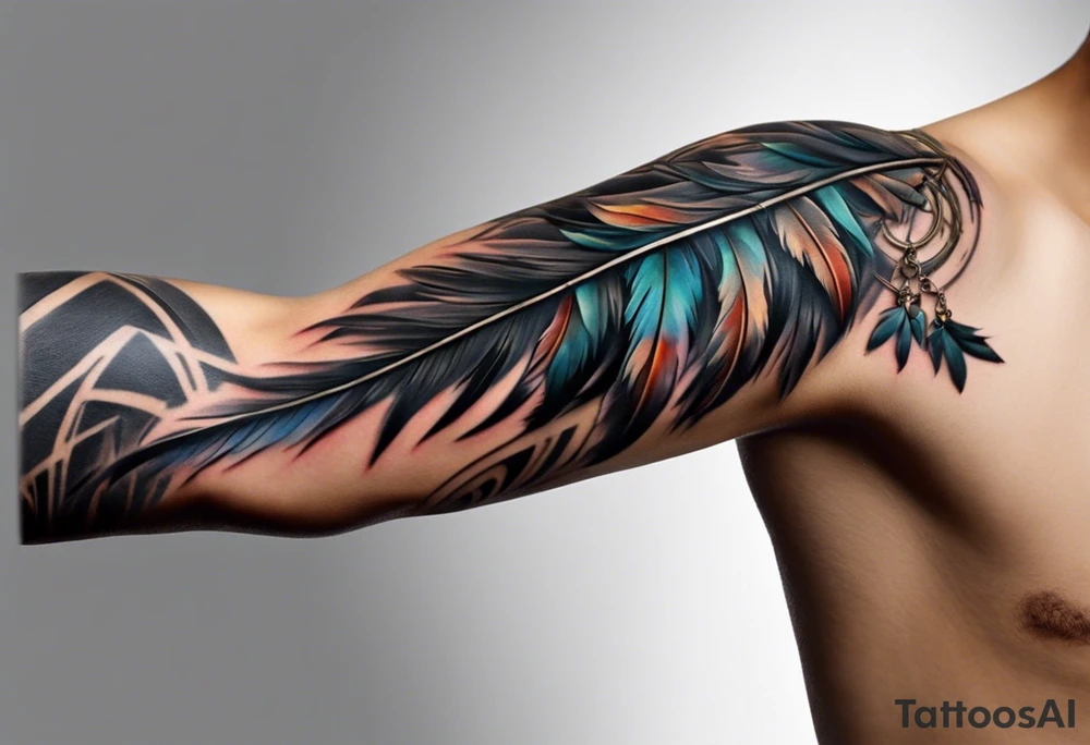 The tattoo begins on the left arm, at the elbow, where feathers are flying under the action of the wind towards the left hand. These feathers share the air space with branches that have leaves, and both elements move together up the left arm. As they approach the shoulder, some lightning appears between them. At this point, the feathers start to converge toward the left chest, where a vortex of energy reveals the head of an owl. The branches converge toward the left side of the back, passing over the shoulder. On the left side of the back, there is a dense, psychedelic element representing the energy of life's creation, with references to the earth, element, and planet. There is also a clay house in this area. tattoo idea