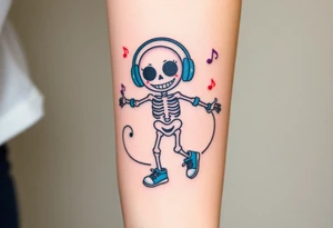 Cute smiley skeleton with heart shape eyes  jumping on a jump rope with both hands blue headphones blue armbands blue sneakers and colorful  music notes around his head tattoo idea