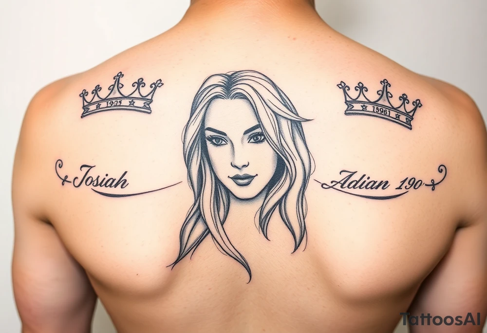 Mother with two sons 1 and half years apart ideas for a women In cursive writing in side crowns the names Josiah the othe Adian and thier days numbers in roman numerals tattoo idea