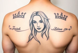 Mother with two sons 1 and half years apart ideas for a women In cursive writing in side crowns the names Josiah the othe Adian and thier days numbers in roman numerals tattoo idea