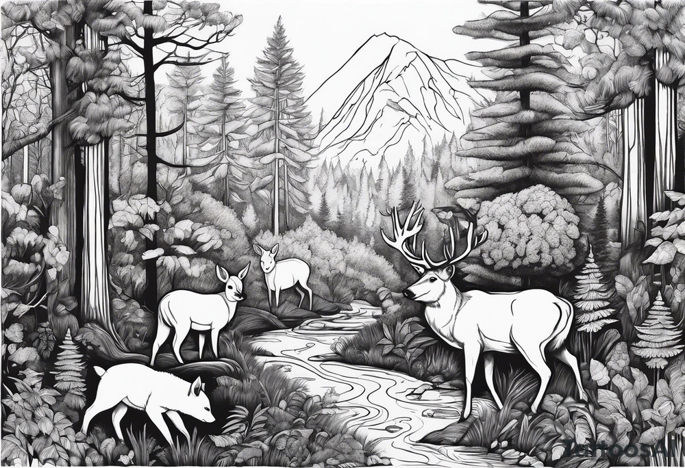 Forest with trees and animals roaming tattoo idea