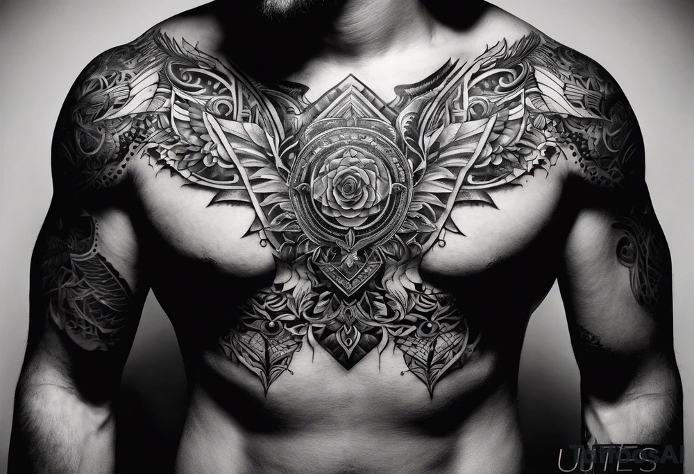 Men's chest tatto with two psychedelic entities facing each other, meaning that only  their sides are visible tattoo idea