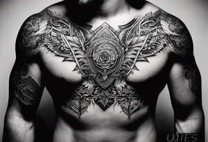 Men's chest tatto with two psychedelic entities facing each other, meaning that only  their sides are visible tattoo idea
