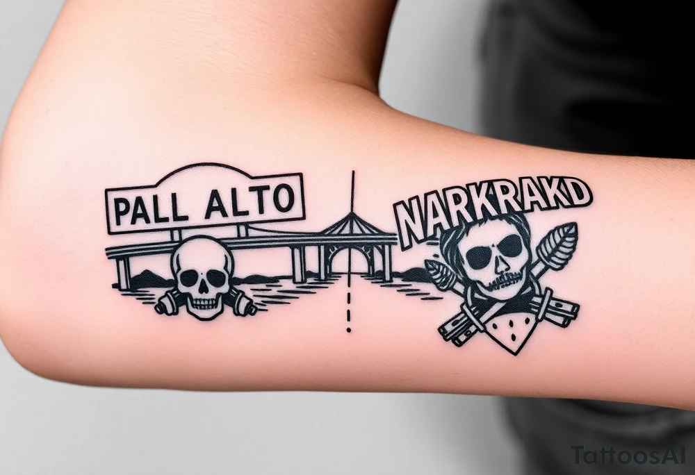 “East Palo Alto” city sign and “Newark” city sign on opposite sides of a bridge going across water in California with skulls and money and  scarface tattoo idea