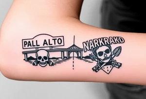 “East Palo Alto” city sign and “Newark” city sign on opposite sides of a bridge going across water in California with skulls and money and  scarface tattoo idea