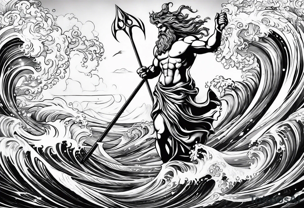 Poseidon raising trident with waves tattoo idea