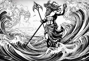 Poseidon raising trident with waves tattoo idea