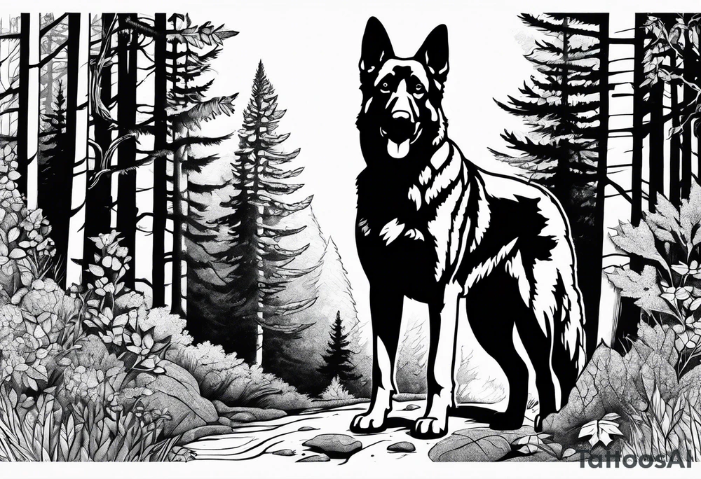 German shepherd dog walking in a forest tattoo idea