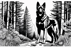 German shepherd dog walking in a forest tattoo idea