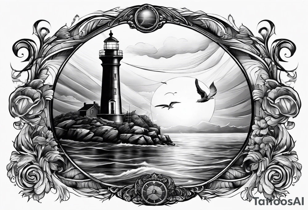 phare maritime dans un bateau a voiles vu du devant. tattoo idea