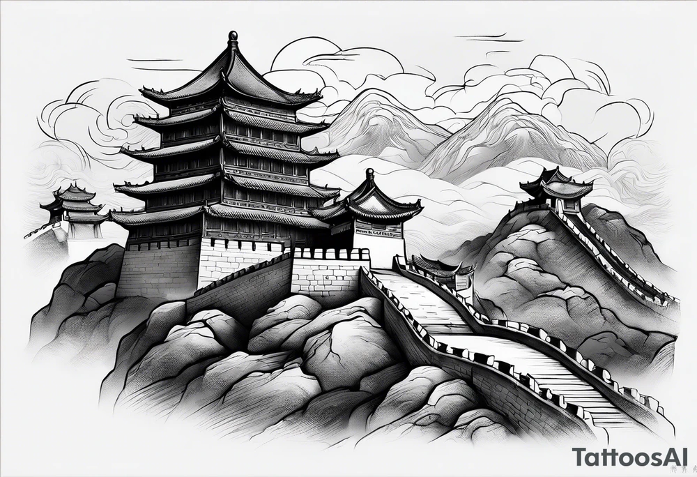 Rat behind Tiger and Snake on the great Wall of China with Temple tattoo idea