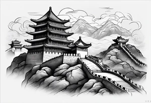 Rat behind Tiger and Snake on the great Wall of China with Temple tattoo idea