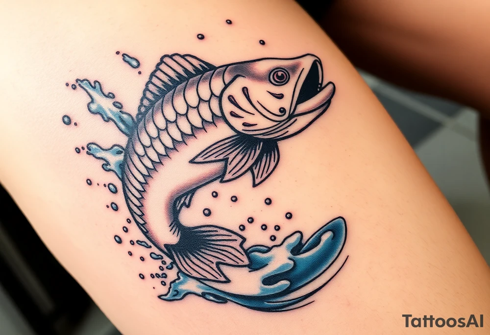 A carp leaping out of a lake, with splashes of water frozen in mid-air, showcasing its strength and agility. tattoo idea