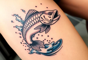 A carp leaping out of a lake, with splashes of water frozen in mid-air, showcasing its strength and agility. tattoo idea