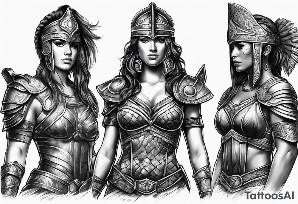 Female gladiator full body black background tattoo idea