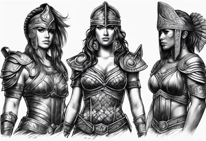 Female gladiator full body black background tattoo idea