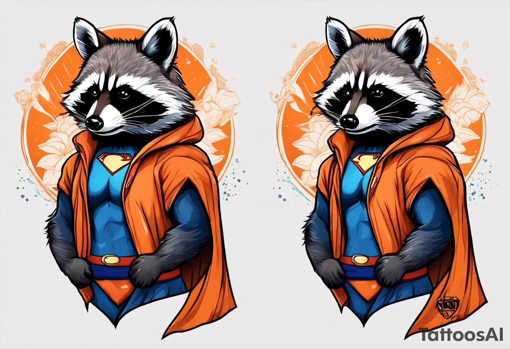 Raccoon wearing an orange Superman hoodie tattoo idea