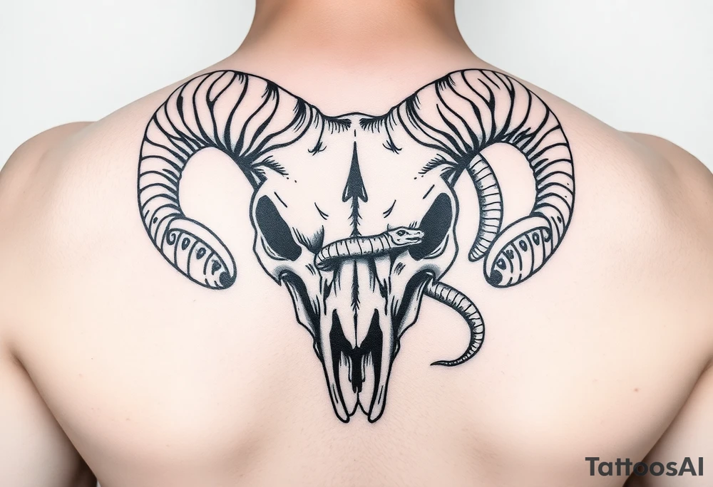Ram skull with snake coming through eye tattoo idea