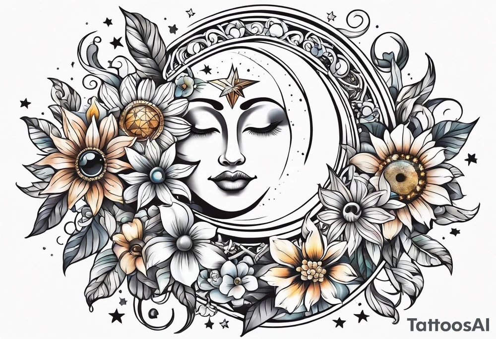 Floral sun, moon, and stars tattoo idea