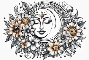 Floral sun, moon, and stars tattoo idea