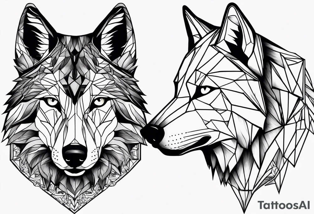 Une tête loup réaliste énervé avec la moitié de sa tête droite en squelette tattoo idea