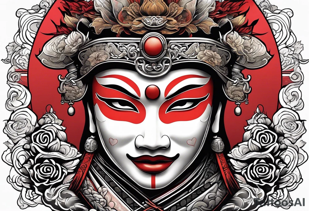 some Japanese symbols meaning love or peace and a Japanese style mask or helmet with sword tattoo idea