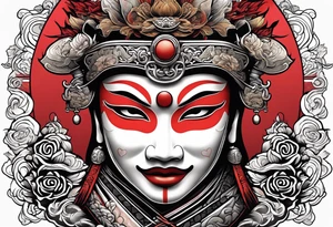some Japanese symbols meaning love or peace and a Japanese style mask or helmet with sword tattoo idea