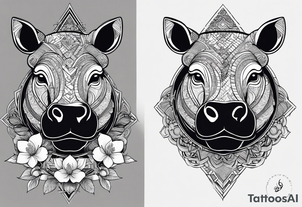 Very asymmetrical, +geometric pattern, with realistic full moon, with seeious looking hippo, +zen feel, + Buddhism touch, +tribal, +geometric
with wintersweet flower bud, +portrait orientation, +inkart touch, tattoo idea