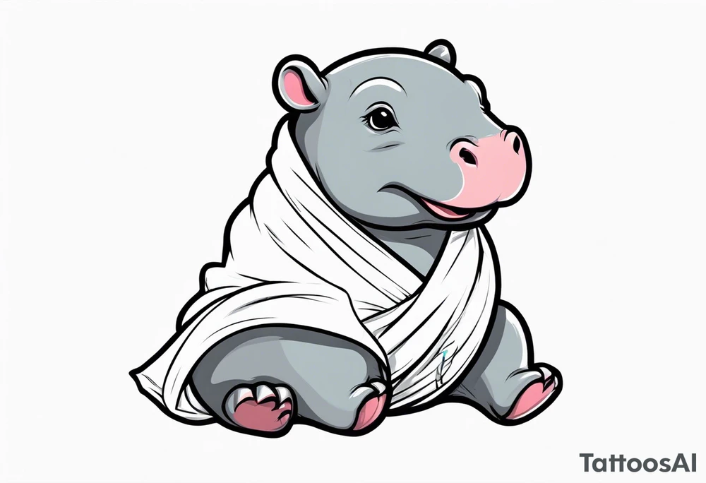 Baby hippopotamus wrapped in a swaddle and holding a knife tattoo idea