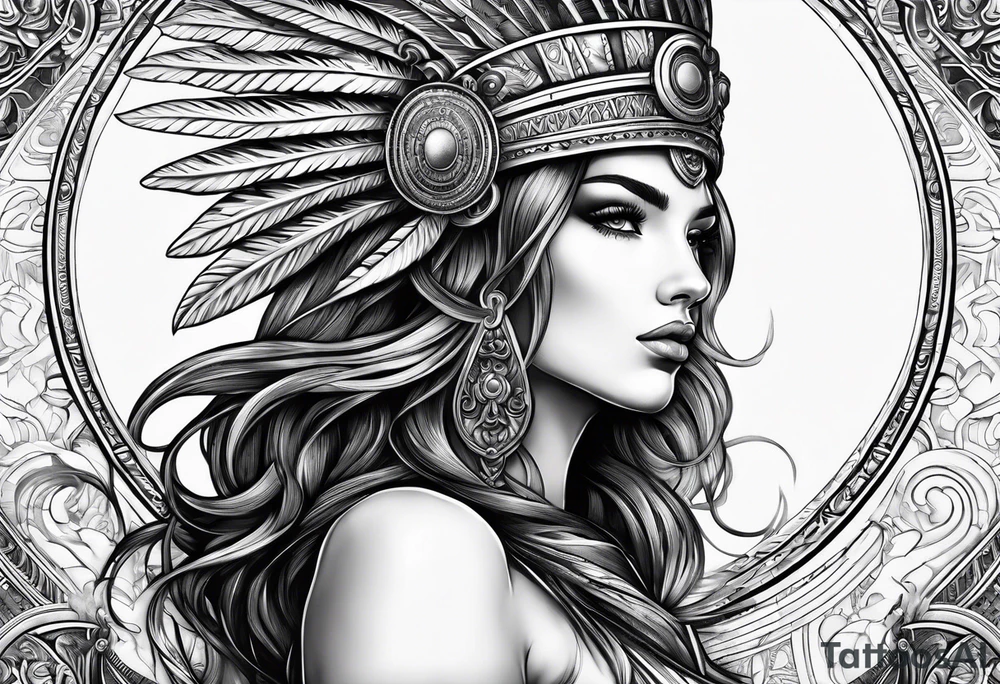 gift of life, woman wearing greek god headdress tattoo idea