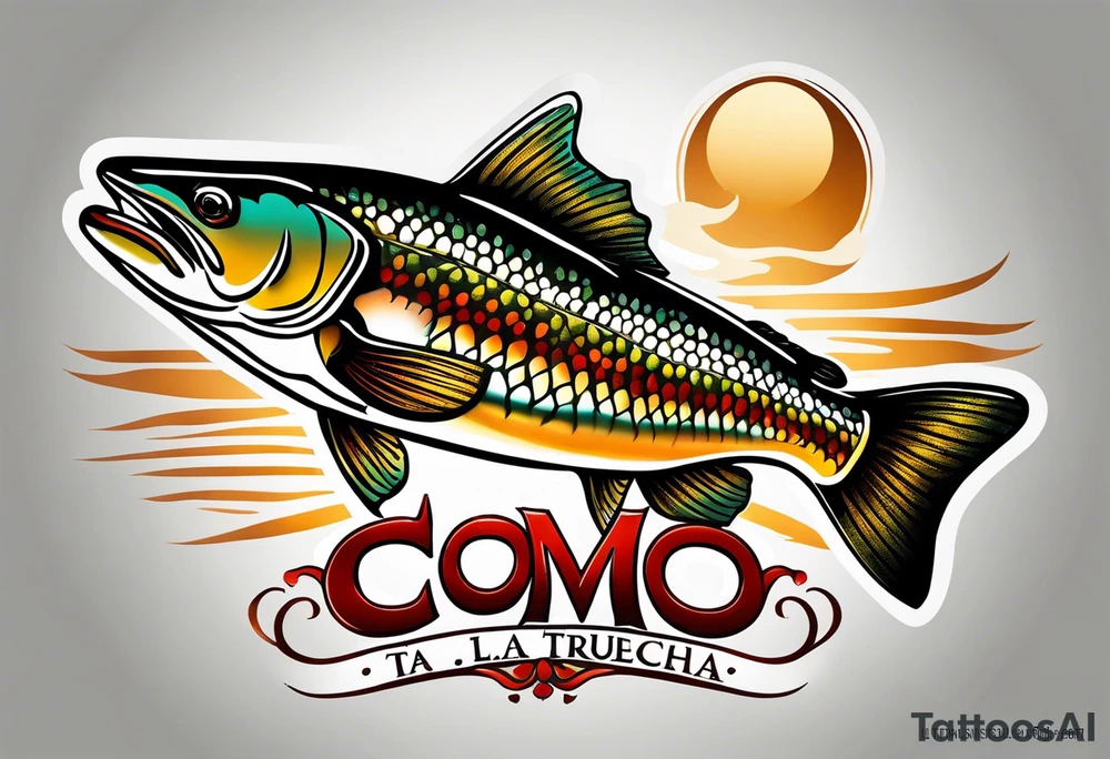 A small tattoo with a shaded trout and text that says, 'Como la trucha...' drawn with fine lines." tattoo idea