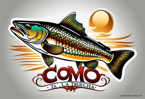 A small tattoo with a shaded trout and text that says, 'Como la trucha...' drawn with fine lines." tattoo idea