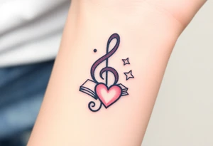 A swirl containing the Treble clef, Bass clef, book, dog paw, star, psyduck, heart tattoo idea