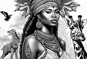 African woman warrior holding a spear with birds in the background and giraffe tattoo idea